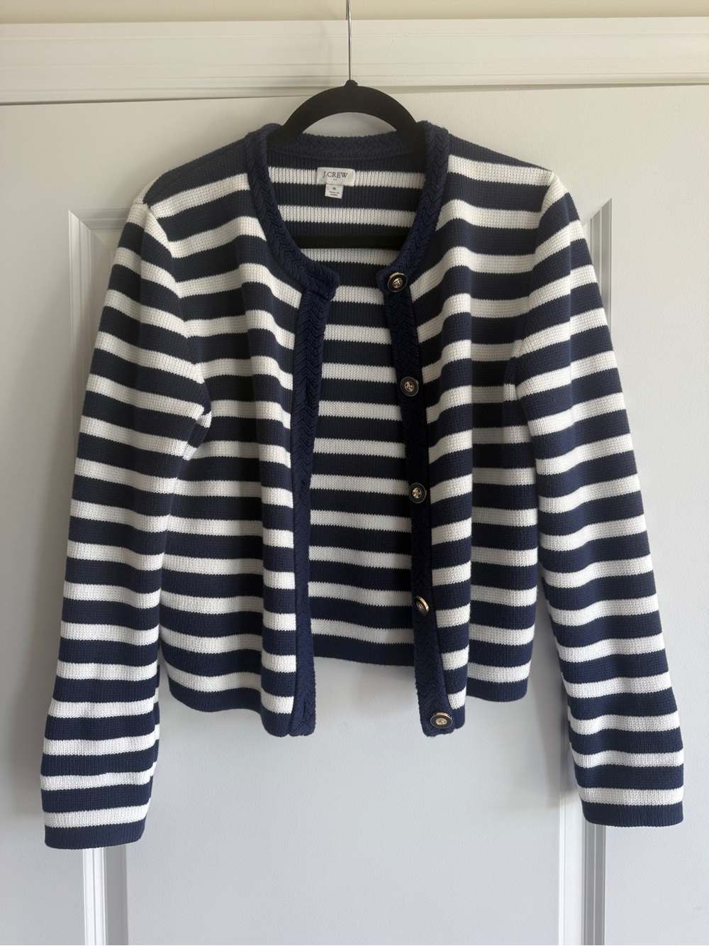 J. Crew Navy and White Striped Knit Cotton Blazer